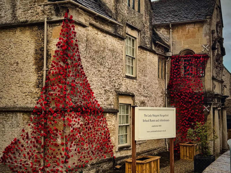 The Almshouses adorned with poppies to commemorate the 80th anniversary of the end of the Second World War.
Image: Gareth Ward