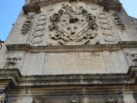 The crests of the Hungerford and Halliday families above the entrance.
Image: CMS Group
